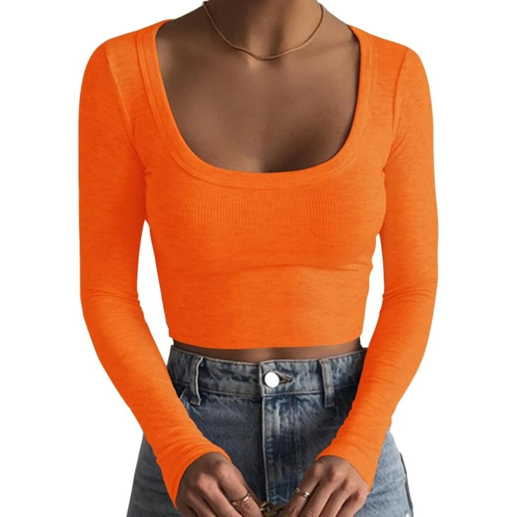 Women's Pumpkin Orange Square Neck Long Sleeve Slim Fitted Casual Basic Crop Top
